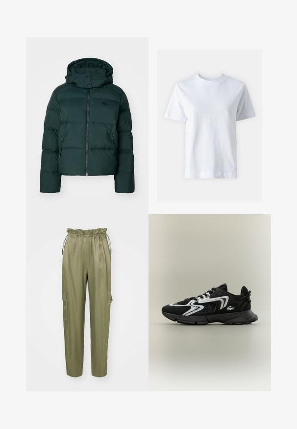 Zelena puhovka z visokim ovratnikom, z zadrgo spredaj in stranskimi žepi. Ima diskreten logotip blagovne znamke na prsih in kapuco.; Bela bombažna majica s krojem na vratu, kratkimi rokavi, ravnim krojem in gladko teksturo. Brez vzorcev ali okrasnih elementov.; Olive zelene cargo hlače z elastičnim pasom na vrvico, zoženimi hlačnicami in stransko žepno zaklopko. Gladek material z mat površino.; Črne atletske čevlje z mrežnimi paneli, srebrnimi akcenti in teksturiranimi črnimi prekritji. Imajo vezalke in ukrivljen, trpežen podplat.