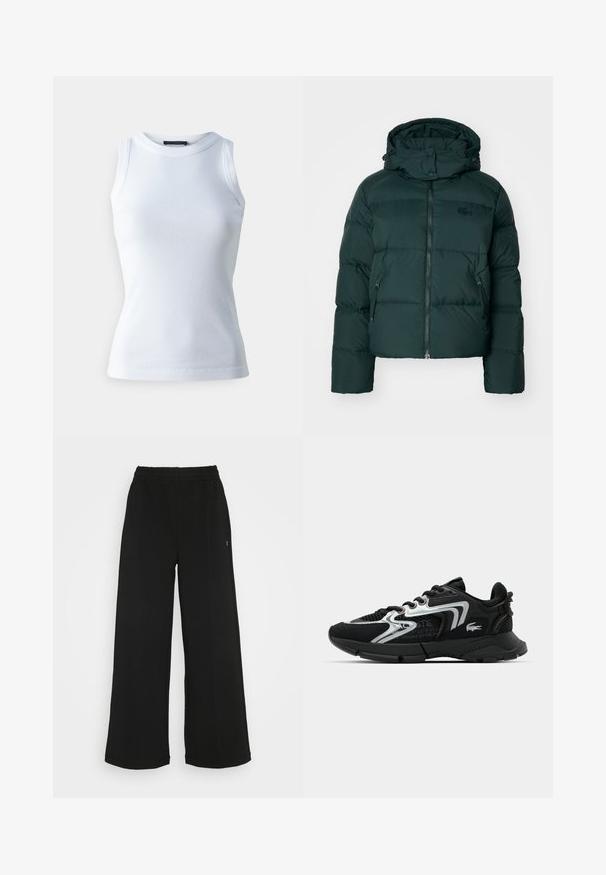 Grøn pufferjakke med høj krave, lynlås foran og sidelommer. Har et diskret mærke logo på brystet og en hætte.; Hvid ærmeløs top lavet af ribbet stof, med en rund halsudskæring og en tætsiddende silhuet. Glat tekstur, ingen synlige mønstre eller detaljer.; Sorte brede bukser med elastisk talje. Fremstillet af et blødt, let materiale. Har lodrette syninger foran.; Sort atletisk sneakers med mesh- og syntetisk overdel, sølvfarvede detaljer, rund tå, polstret krave og tekstureret sål for greb.