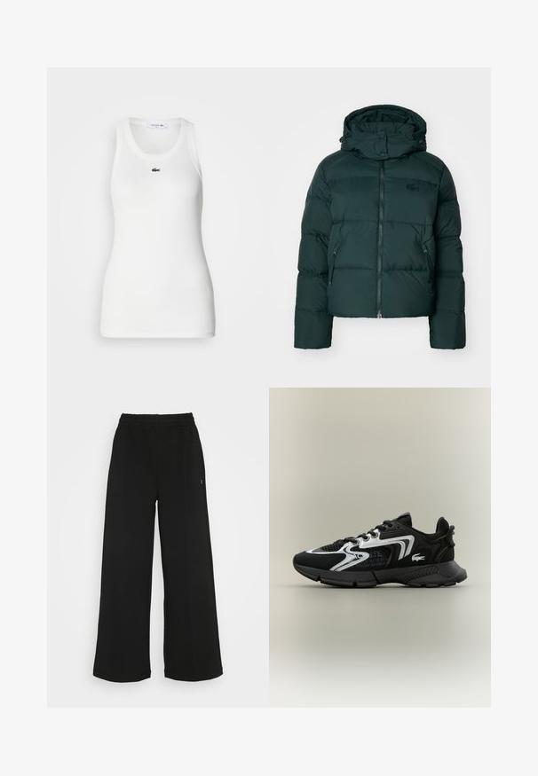 Groene pufferjack met een hoge kraag, ritssluiting aan de voorkant en zijzakken. Heeft een subtiele merklong op de borst en een capuchon.; Witte mouwloze tanktop met een ronde hals en geribbelde textuur. Heeft een klein groen Lacoste krokodillogo op de borst.; Zwarte wijde broek met een elastische tailleband. Gemaakt van een zachte, lichte stof. Heeft verticale naden aan de voorkant.; Zwarte sportschoenen met gaaspanelen, zilveren accenten en gestructureerde zwarte overlays. Voorzien van veters en een gebogen, stevige buitenzool.