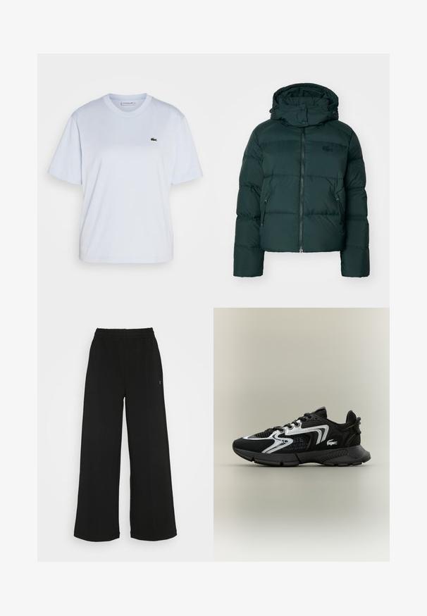 Zelená péřová bunda s vysokým límcem, zipem vpředu a bočními kapsami. Disponuje decentním logem značky na hrudi a kapucí.; Lacoste Jednoduché tričko - phoenix blue; Černé široké kalhoty s elastickým pasem. Vyrobené z měkkého, lehkého materiálu. Obsahují vertikální švy na přední straně.; Černé sportovní boty s mesh panely, stříbrnými akcenty a texturovanými černými překryvy. Obsahují šňůrky a zakřivenou, robustní podešev.