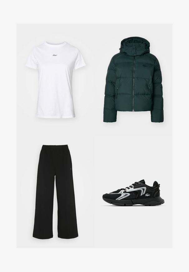 Zelená péřová bunda s vysokým límcem, zipem vpředu a bočními kapsami. Disponuje decentním logem značky na hrudi a kapucí.; Bílá bavlněná tričko s kulatým výstřihem, krátkými rukávy a malým černým kurzívním logem na hrudi. Hladká textura, standardní střih.; Černé široké kalhoty s elastickým pasem. Vyrobené z měkkého, lehkého materiálu. Obsahují vertikální švy na přední straně.; Černá sportovní teniska s síťovinovým a syntetickým svrškem, stříbrnými akcenty, zaoblenou špičkou, polstrovaným límcem a strukturovanou podrážkou pro lepší grip.