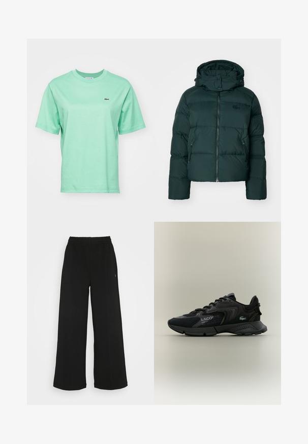 Roheline puhvjakker kõrge kraega, lukuga ees ja küljetaskutega. Omab diskreetset brändi logo rinna peal ja kapuutsi.; Heleheline puuvillane T-särk lühikeste varrukatega ja ümar kaelus, mille vasakul rinnal on väike tikandiga logo.; Mustad laiad püksid elastse vöökohtaga. Valmistatud pehmest ja kergest materjalist. Ees on vertikaalsed õmblused.; Mustat spordijalatsid, millel on võrkrakendus ja sünteetilised materjalid, tekstuuriga aktsendid, nööridega disain ja silmapaistev logo küljel.