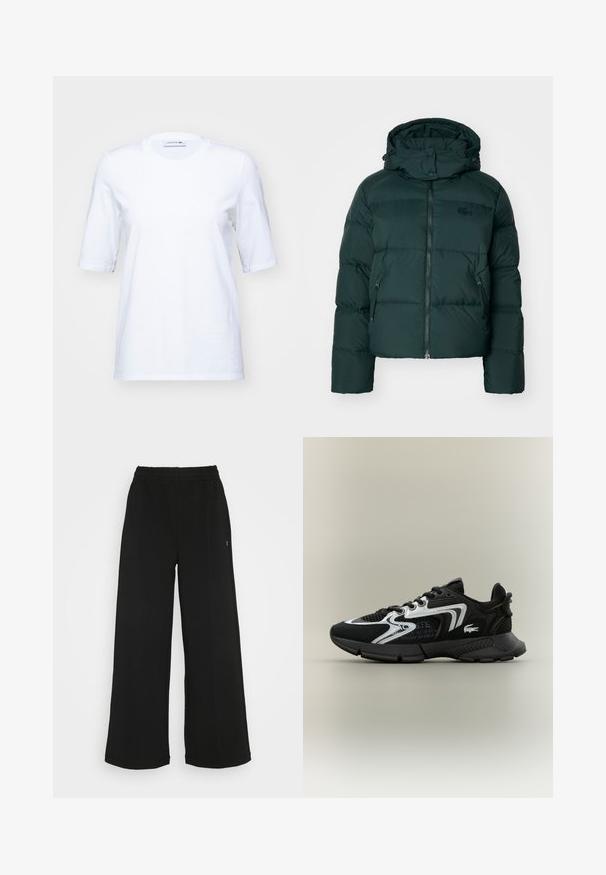 Zelená nafukovacia bunda s vysokým golierom, zipsom vpredu a bočnými vreckami. Obsahuje decentné logo značky na hrudi a kapucňu.; Biele bavlnené tričko s krátkymi rukávmi, okrúhlym výstrihom a jemne vyšitým logom na hrudi. Hladká textúra, klasický strih.; Čierne široké nohavice s elastickým pásom. Vyrobené z mäkkého, ľahkého materiálu. Obsahujú vertikálne švy po prednej strane.; Čierne športové topánky s sieťovanými panelmi, striebornými akcentmi a textúrovanými čiernymi prekrytiami. Obsahujú šnúrky a zakrivenú, pevnú podrážku.