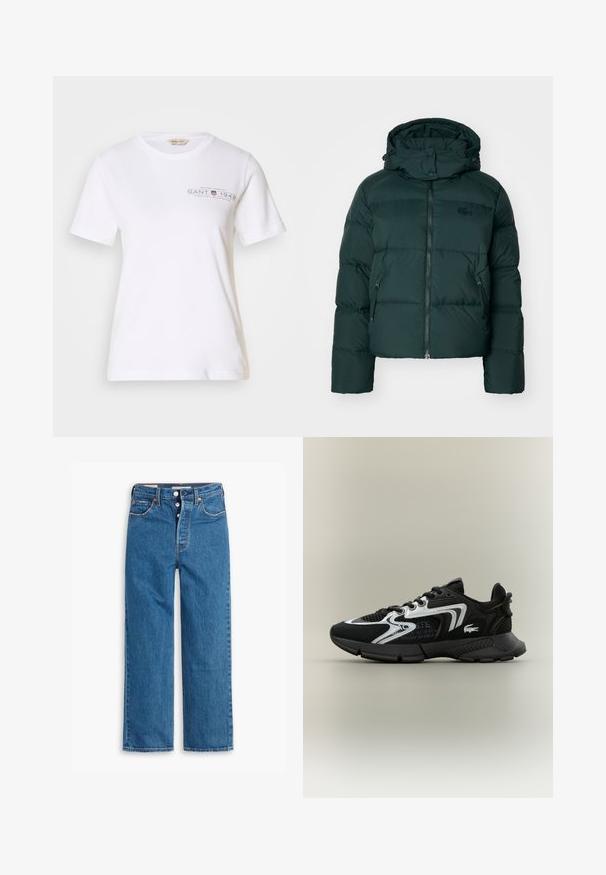 Zielona kurtka puchowa z wysokim kołnierzem, zamkiem błyskawicznym z przodu i bocznymi kieszeniami. Posiada subtelne logo marki na klatce piersiowej oraz kaptur.; Biała bawełniana koszulka z krótkim rękawem, okrągłym dekoltem, z ciemnoszarym nadrukowanym logo i tekstem na przodzie. Gładka faktura.; Niebieskie dżinsy o prostym kroju i wysokim stanie, z pięcioma kieszeniami i zapięciem na guziki. Widoczne szwy i miedziowane nity.; Czarne buty sportowe z siateczkowymi panelami, srebrnymi akcentami i fakturowanymi czarnymi nakładkami. Posiadają sznurówki i zakrzywioną, mocną podeszwę.