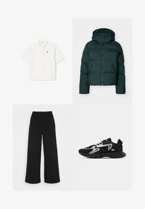 Vihreä puffatakki, jossa on korkea kaulus, vetoketjukuitti ja sivutaskut. Takissa on hienovarainen brändilogo rinnassa ja huppu.; Valkoinen puuvillapolo, jossa on käännettävä kaulus, lyhyet hihat ja pieni vihreä brodeerattu krokotiililogo vasemmassa rinnassa.; Mustat leveälahkeiset housut, joissa on joustava vyötärö. Valmistettu pehmeästä, kevyestä materiaalista. Etupuolella pystysaumat.; Juoksukengät mustana, joissa on verkosta ja synteettisestä materiaalista valmistettu päällinen, hopeiset yksityiskohdat, pyöristetty varvas, pehmustettu nilkkatuki ja karkea pohja pidon takaamiseksi.