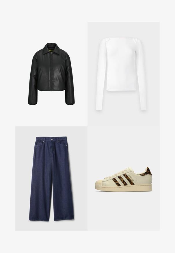Crna skraćena kožna jakna sa zip zatvaranjem sprijeda, širokom ovratniku i spuštenim ramenima. Glatka tekstura s klasičnim dizajnom.; Bijela bluzica dugih rukava s kvadratnim izrezom, izrađena od glatkog materijala, s prianjajućim krojem i bešavnim naglascima na ramenima.; Traperice širokih nogavica tamnoplave boje s glatkom teksturom, dizajnom s pet džepova, zatvaranjem na metalni gumb i prošivenim detaljima duž šavova.; Off-white Adidas Superstar tenisice s leopard print prugama i petnim trakama, bež gumeni vrh nožnog prsta i tekst "SUPERSTAR" sa strane.