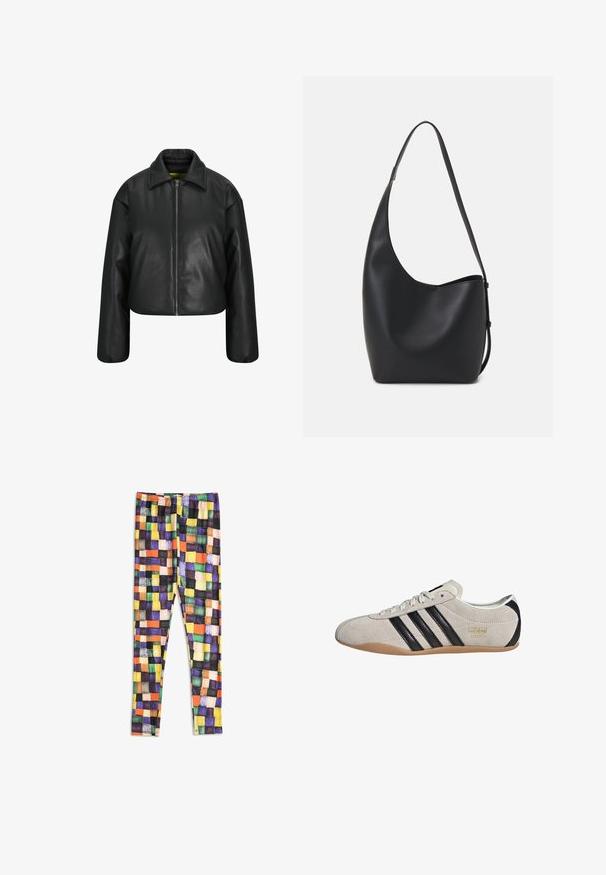 Zwarte cropped leren jas met een ritssluiting aan de voorkant, brede kraag en verlaagde schouders. Gladde textuur met een klassiek ontwerp.; Zwarte lange mouw t-shirt gemaakt van zachte stof, met een ronde halslijn, een eenvoudig ontwerp en geen zichtbare patronen of versieringen.; Leggings met een multikleurig geblokt patroon in tinten van geel, oranje, groen, paars, zwart en beige op een witte achtergrond.; Suède sneaker met een grijze bovenkant, zwarte strepen en een gumrubberen zool. Kenmerkt een vetersluiting en een gouden logo-detail aan de zijkant.; Zwarte leren hobo tas met een gladde textuur, kromme vorm en een enkele verstelbare schouderband; heeft een brede opening aan de bovenkant.