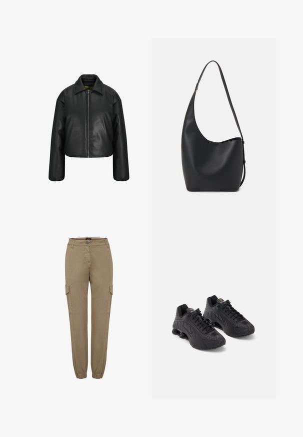 Veste en cuir noire cropped avec fermeture éclair à l'avant, col large et épaules basses. Texture lisse avec un design classique.; T-shirt noir à manches longues en tissu doux, avec un col rond, un design simple et sans motifs ni embellissements visibles.; Pantalons cargo beiges avec une jambe droite et des poignets élastiques, dotés de poches latérales et d'une taille boutonnée. Fabriqués en tissu doux et texturé.; Chaussures de sport noires avec un dessus en synthétique lisse, des accents texturés, un design à lacets et un amorti en ressort visible au niveau du talon.; Sac hobo en cuir noir avec une texture lisse, une forme incurvée et une seule sangle réglable ; dispose d'une large ouverture en haut.