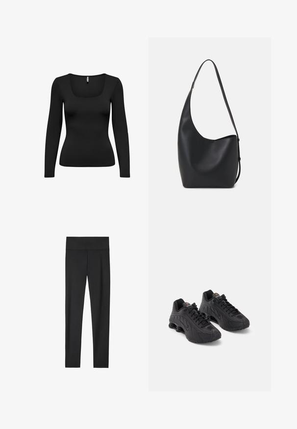 Black cropped leather jacket with a zip front, wide collar, and dropped shoulders. Smooth texture with a classic design.; Black long-sleeve top with a square neckline. Made of smooth, stretchy fabric. Fitted design tapering at the waist. Seamless shoulders.; Black leggings made of stretchy fabric, featuring a high waistband, smooth texture, and a form-fitting design. No visible patterns or accents.; Black athletic shoes with a smooth synthetic upper, textured accents, lace-up design, and visible spring cushioning at the heel.; Black leather hobo bag with a smooth texture, curved shape, and single adjustable strap; features a wide opening at the top.