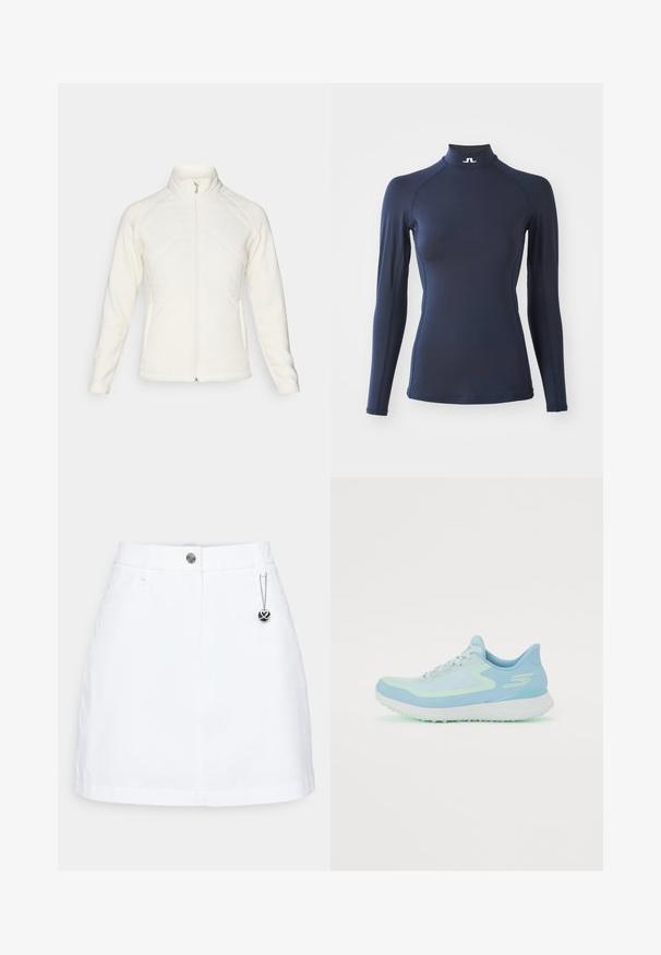 Bela zip-up jakna z visokim ovratnikom. Ima prešite sprednje panele in rebraste rokave, ki ponujajo teksturiran kontrast. Splošna gladka površina.; J.LINDEBERG Sports ELLA COMPRESSION - Majica z dolgimi rokavi - navy; Bela denim krilna obleka s prilegajočim pasom, z gumbom z zapiranjem, sprednjimi žepi in srebrno verigo z okroglo črno pridihom.; Svjetloplave atletske cipele s mrežastim gornjim dijelom, zaobljenim vrhom, podstavljenim đonom i reflektirajućim akcentima. Imaju vezice i potporni petni dio.