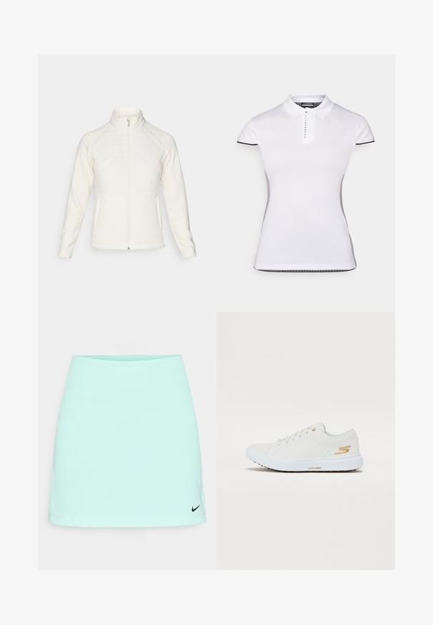 Fehér zipzáros dzseki magas gallérral. Töltött elülső panelek és bordázott ujjak jellemzik, amely texturális kontrasztot nyújt. Az összhatás sima.; Fehér póló rövid ujjal, gallérral és elől gombos záródással. Fekete díszítések az ujjakon és az oldalvarrásokon. Puha, sima tapintás.; Mentazöld tenisz szoknya sima textúrával, az alsó jobb sarokban fekete Nike logóval, sportteljesítményre tervezve.; Fehér sneaker sima szintetikus felsőrésszel, arany díszítéssel és masszív gumitalppal. Jellemzője a kerek orr, fűzős kialakítás és a párnázott belső.
