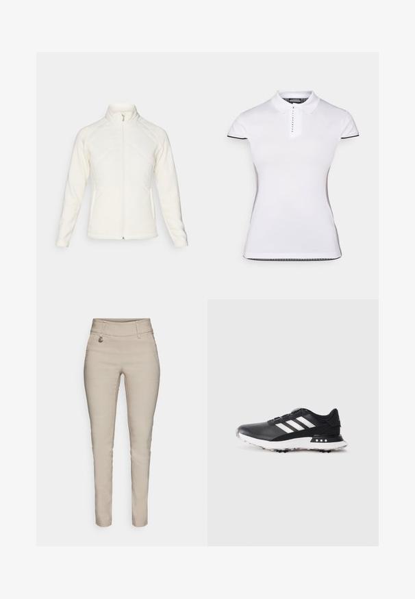 Casaco branco de zíper com colarinho alto. Apresenta painéis frontais acolchoados e mangas caneladas, oferecendo um contraste texturizado. Acabamento suave em geral.; Camisa polo branca de manga curta, com colarinho e botonadura frontal. Detalhes pretos nas mangas e costuras laterais. Textura suave e lisa.; Calças slim-fit bege com uma cintura alta, apresentando um bolso frontal, costura decorativa e acessórios em tom prateado.; Sapatilha desportiva preta com riscas brancas, parte superior texturizada, bico redondo e sola de borracha branca com pequenas pontas para tração.