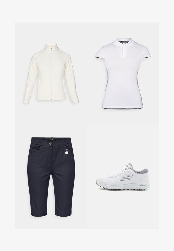 Chaqueta blanca con cremallera y un cuello alto. Presenta paneles frontales acolchados y mangas acanaladas, ofreciendo un contraste texturizado. Acabado liso en general.; Camisa polo blanca de manga corta, con cuello y botonera en la parte delantera. Acentos negros en las mangas y las costuras laterales. Textura suave y lisa.; Bermudas marinas fabricadas con tela elástica, con cremallera frontal, dos bolsillos laterales y una pequeña etiqueta de logo en la cinturilla.; Zapatillas deportivas blancas con un upper de malla texturizada, acentos plateados y una suela ligera con pequeños tacos de tracción, etiquetadas como "ULTRA FLIGHT."