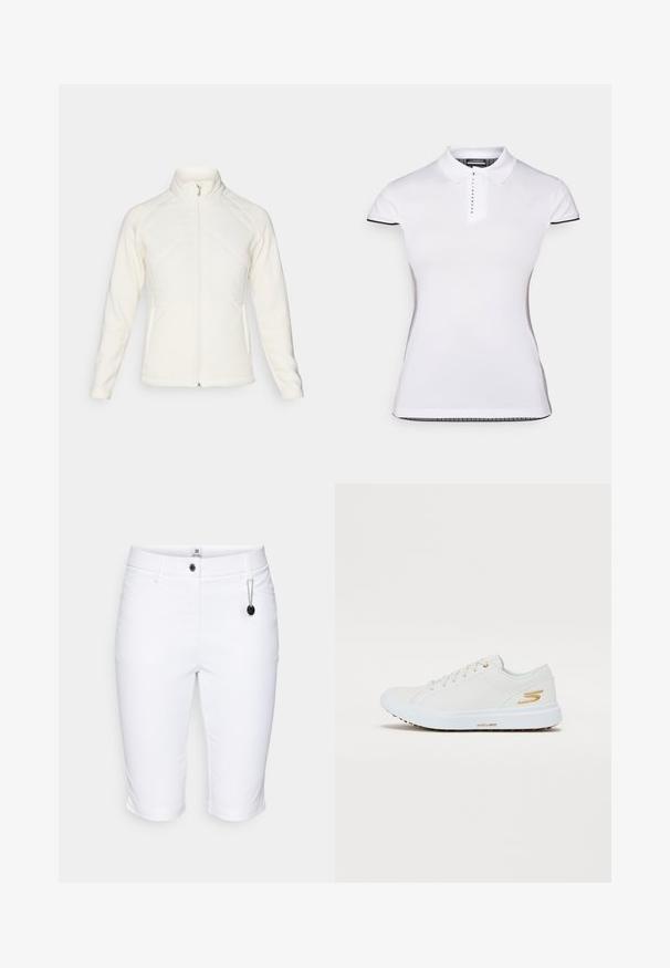 Witte zip-up jas met een hoge kraag. Voorzien van gestikte voorkant en ribbelmouwen, wat zorgt voor een textuurcontrast. Gladde afwerking overal.; Witte polo met korte mouwen, een kraag en een knopenlijst aan de voorkant. Zwarte accenten op de mouwen en zijnaad. Zachte, gladde textuur.; Daily Sports LYRIC BERMUDA SHORTS - Korte broeken - white; Witte sneaker met een gladde synthetische bovenkant, gouden accenten en een stevige rubberen zool. Voorzien van een ronde neus, vetersluiting en een gevoerde binnenkant.