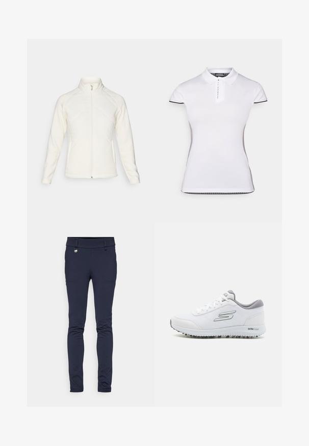 Casaco branco de zíper com colarinho alto. Apresenta painéis frontais acolchoados e mangas caneladas, oferecendo um contraste texturizado. Acabamento suave em geral.; Camisa polo branca de manga curta, com colarinho e botonadura frontal. Detalhes pretos nas mangas e costuras laterais. Textura suave e lisa.; Calças elásticas azul-marinho com uma textura suave, corte ajustado e uma cintura com um botão de metal e dois bolsos frontais.; Sapatilhas brancas desportivas com um upper de malha texturizada, detalhes em prata e uma sola leve com pequenos pinos de tração, rotuladas "ULTRA FLIGHT."