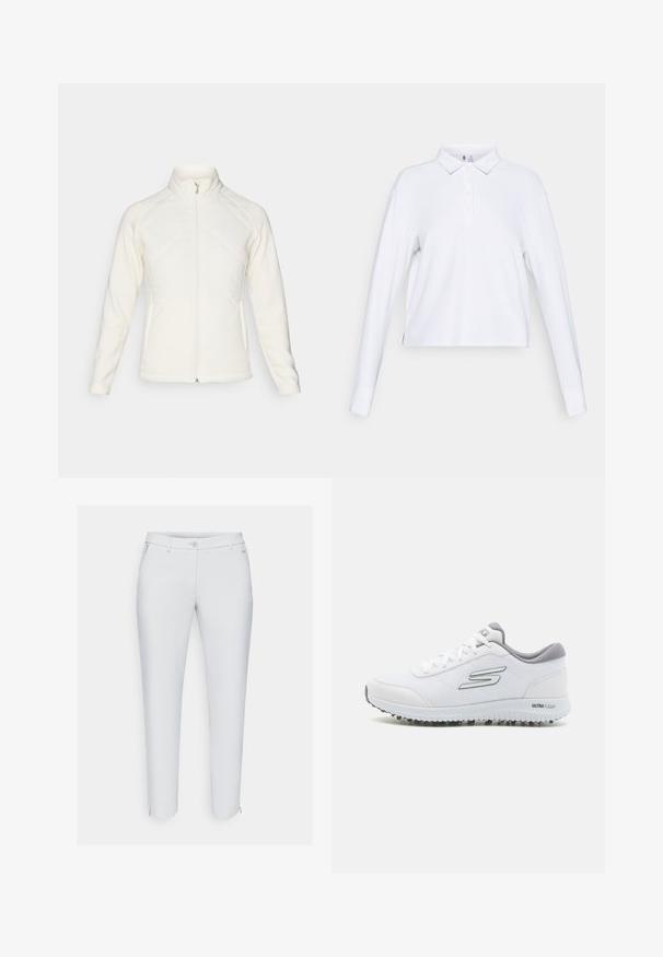 Bijela jakna sa zipom i visokim ovratnikom. Ima kvadratne prednje panele i rebraste rukave, pružajući teksturirani kontrast. Glatka završna obrada.; Bijela dugorukava polo majica s ovratnikom na gumbima i lagano širokim krojem, prikazana na jednostavnoj bijeloj pozadini.; Bijele hlače izrađene od glatkog materijala, sa zatvaračem, kopčanjem na gumb, bočnim džepovima i suptilnim detaljima šivanja.; Bijele sportske tenisice s teksturiranim mrežastim gornjim dijelom, srebrnim akcentima i laganom suprotnošću s malim bravama za prijanjanje, označene 'ULTRA FLIGHT'.