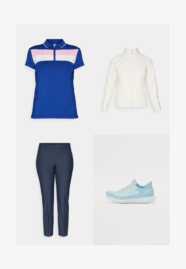 Hvit zip-up jakke med høy krage. Har kviltede frontpaneler og ribbede ermer, og gir en teksturert kontrast. Glatt finish totalt.; Polo-skjorte i kongeblå med rosa og hvite horisontale striper. Har en kort glidelås og en klassisk krage. Glatt, pustende stoff.; Mørkeblå skreddersydde slim-fit bukser med knappelukking, beltehemper, glidelås-lommer i sidene og glidelåser ved ankelen på begge ben.; Lys blå treningssko med mesh-overdel, rund tå, polstret såle og reflekterende detaljer. Har snøringer og en støttende hæl.