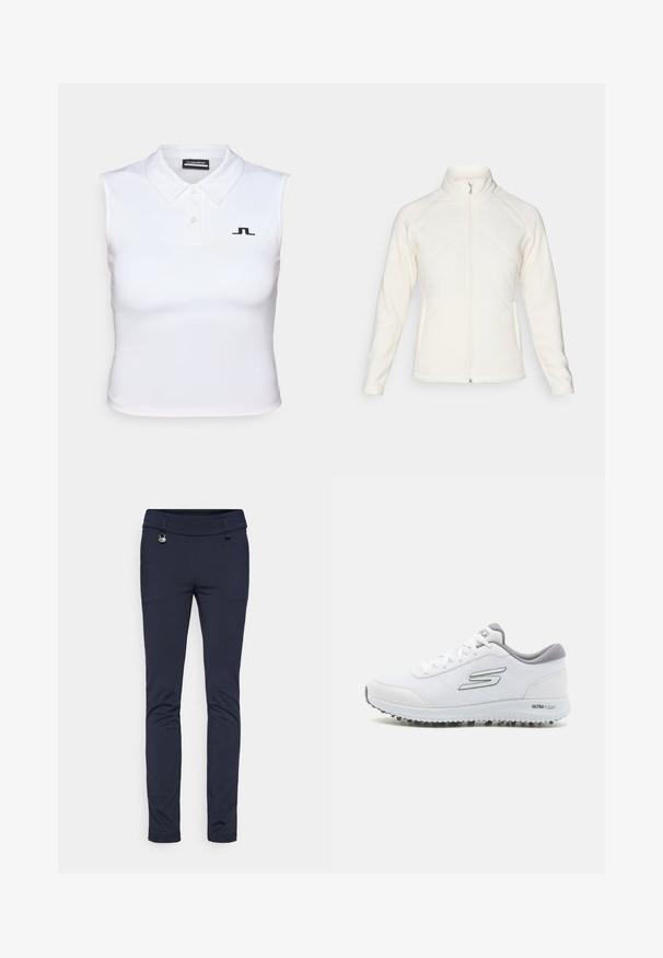 Hvit zip-up jakke med høy krage. Har kviltede frontpaneler og ribbede ermer, og gir en teksturert kontrast. Glatt finish totalt.; Hvit ermeløs polo topp laget av glatt stoff, med klassisk krage, tre knapper og en liten svart logo på brystet.; Mørkeblå skreddersydde bukser laget av elastisk stoff, med en glatt tekstur, detaljer med frontlommer og en metallknapp som pynt.; Hvite joggesko med et teksturert mesh-overdel, sølvfargede detaljer og en lett såle med små grep-studser, merket "ULTRA FLIGHT."
