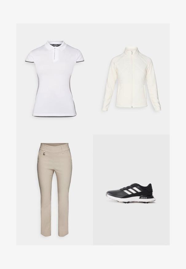 Hvit zip-up jakke med høy krage. Har kviltede frontpaneler og ribbede ermer, og gir en teksturert kontrast. Glatt finish totalt.; Hvit polo skjorte med korte ermer, krage og knappestolpe foran. Svart detaljer på ermene og sidesømmer. Myk, glatt tekstur.; Beige skreddersydde bukser med midjehøyde, frontlommer og detaljer i sølv. Glatt stoff med rette ben.; Svart idrettssko med hvite striper, teksturert overdelen, rund tå og en hvit gummiyttersåle med små pigger for grep.