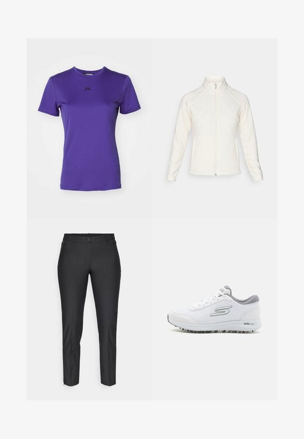 White zip-up jacket with a high collar. Features quilted front panels and ribbed sleeves, offering a textured contrast. Smooth finish overall.; Purple short-sleeve t-shirt made of smooth fabric. Features a black logo centered on the chest. Round neck and standard fit.; Black tailored trousers with a smooth texture, featuring a button closure, zip fly, and two side pockets. Slim fit with tapered legs.; White athletic shoes with a textured mesh upper, silver accents, and a lightweight sole featuring small traction studs, labeled "ULTRA FLIGHT."