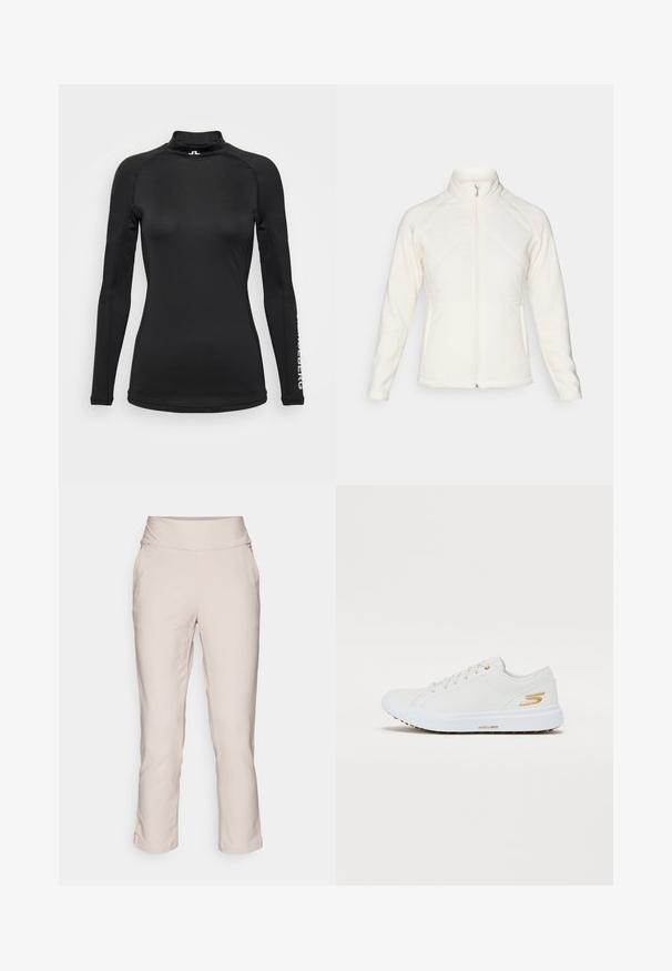 Vit zip-up jacka med hög krage. Har quiltade frampaneler och ribbade ärmar, vilket ger en texturerad kontrast. Slät yta överlag.; Svart långärmad skjorta med hög krage, tillverkad av slätt tyg. Har subtila sömmar och logotyp på ärmen. Slim fit-design.; Ljusbeige tapered-bukser med bred midja, mjuk textur, sidfickor och uppvikta avslut. Lämpliga för avslappnad eller semi-formell klädsel.; Vita sneakers med slät syntetisk överdel, guld accenter och robust gummisoola. Har rund tå, snörningsdesign och vadderad insida.