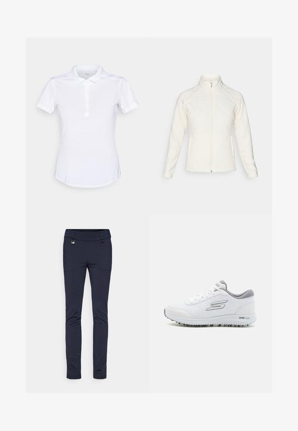 Valkoinen vetoketjullinen takki korkealla kauluksella. Varustettu tikatuilla etupaneeleilla ja ribbatulla hihalla, tarjoten tekstuurista kontrastia. Sileä pinta kokonaisuudessaan.; Valkoinen polo-paita, joka on valmistettu sileästä kankaasta. Siinä on kaulus, lyhyet hihat ja viiden napin lista. Hienovarainen logo rinnassa.; Navy siniset kapeat housut joustavasta kankaasta, joissa on sileä pinta, etutaskupaneelit ja metallinappi yksityiskohtana.; Valkoiset urheilukengät, joissa on teksturoitu verkkopäällinen, hopeiset yksityiskohdat ja kevyt pohja, joka sisältää pieniä pito-nastoja, nimetty "ULTRA FLIGHT".
