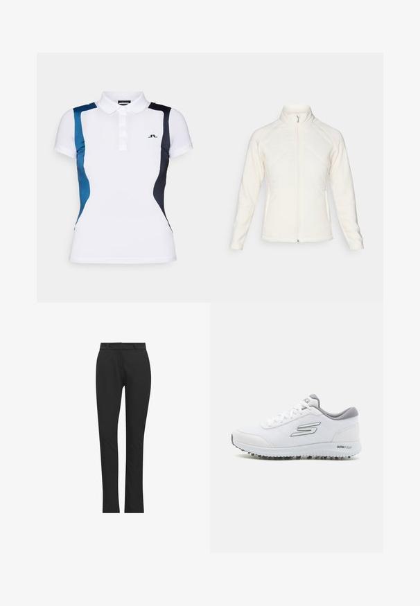 Vit zip-up jacka med hög krage. Har quiltade frampaneler och ribbade ärmar, vilket ger en texturerad kontrast. Slät yta överlag.; Vit polo med blå och marinblå sidopaneler. Har en krage och korta ärmar. Logotypen visas på vänster bröst.; Svarta skräddarsydda byxor i ett stretchigt tyg, med en slät yta, slim fit och platt front med bälteshållare.; Vita idrottsskor med en strukturerad mesh-ovandel, silverdetaljer och en lätt sula med små greppknoppar, märkta "ULTRA FLIGHT."