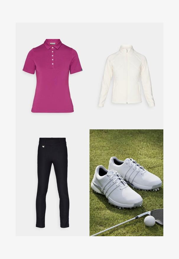 Bijela jakna sa zipom i visokim ovratnikom. Ima kvadratne prednje panele i rebraste rukave, pružajući teksturirani kontrast. Glatka završna obrada.; Fuksija majica s kratkim rukavima od mekog platna. Ima klasični ovratnik, placket sa pet dugmadi i oznaku na lijevom rukavu.; Crne uske hlače od rastezljivog materijala. Imaju glatku teksturu, ravni pojas i srebrni detalj sprijeda.; Bijele golf cipele s sintetičkim gornjim dijelom, teksturiranim pločama i dizajnom sa vezicama. Imaju istaknute špica na potplatu i podstavljene unutrašnje sole.