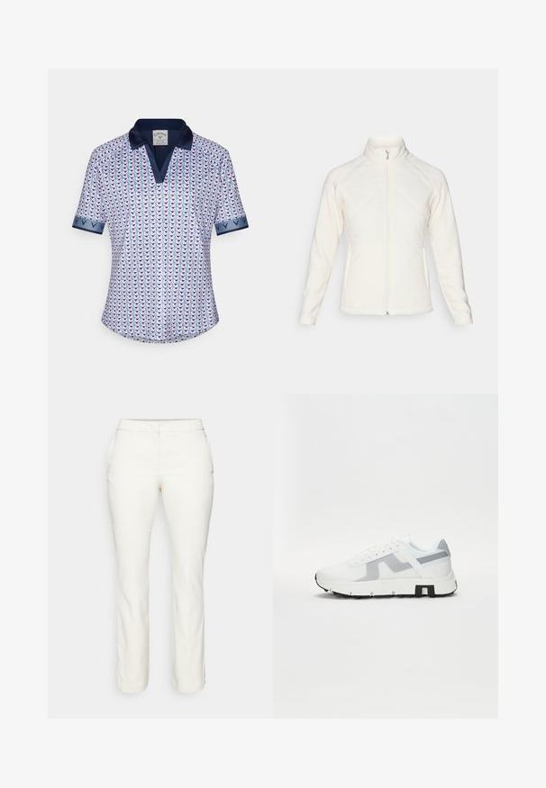 Weißer Zip-Up-Jacke mit hohem Kragen. Verfügt über gesteppten Frontpaneele und gerippte Ärmel, die einen strukturierten Kontrast bieten. Insgesamt glatte Oberfläche.; Kurzärmliges Poloshirt aus leichtem Stoff, mit einem geometrischen Muster in Pink und Blau, und marineblauen Akzenten an Kragen und Ärmelbündchen.; Weiße, taillierte Hose mit geradem Bein, klaren Linien und seitlichen Schlitzen am Saum. Aus einem glatten, leichten Stoff gefertigt.; Weißer Sportschuh mit grauen Akzenten, strukturiertem Obermaterial, dickem Sohlenrand und kontrastierendem schwarzen Fersenbereich. Schnürdesign mit Mesh-Elementen.