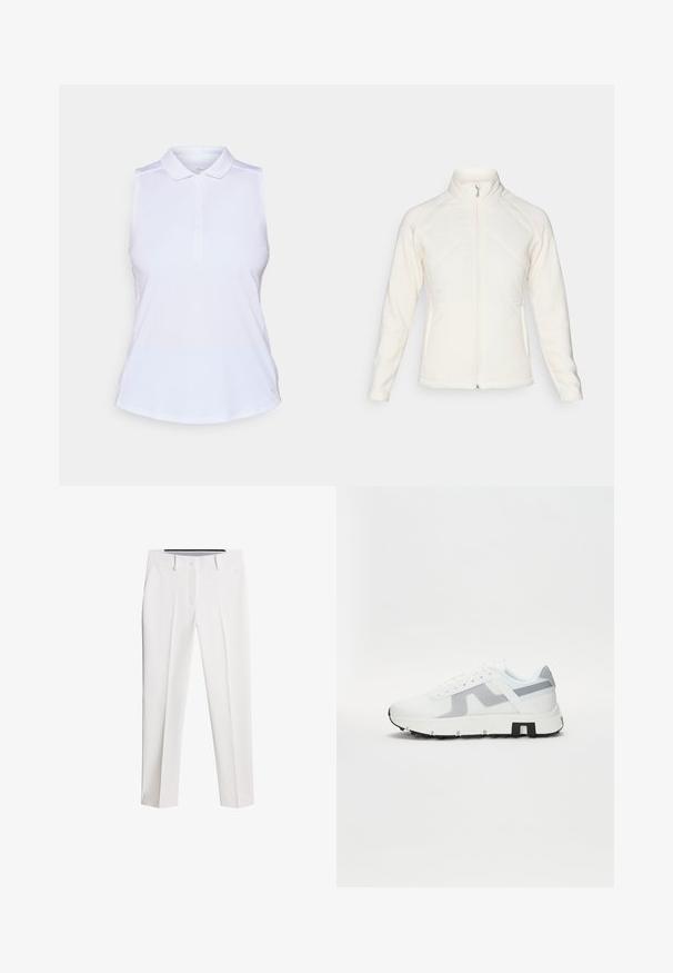 Vit zip-up jacka med hög krage. Har quiltade frampaneler och ribbade ärmar, vilket ger en texturerad kontrast. Slät yta överlag.; Ärmlös vit polo med krage, fem knappar och mjukt tyg; har en subtil logodetalj vid nederkant.; Vita byxor av slätt tyg, med raka ben, framfickor och knappstängning med diskreta veck.; Vita atletiska sneakers med grå detaljer, en texturerad ovandel, tjock sula och kontrasterande svart häl. Snörningsdesign med nätpaneler.