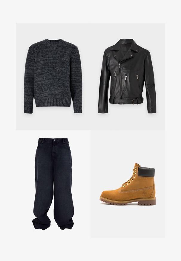 Černá kožená motorkářská bunda s klopovým límcem, asymetrickým zipem, několika zipovými kapsami a páskem v pase.; Tmavě šedý pletený svetr s kulatým výstřihem, dlouhými rukávy a žebrovanými manžetami. Má strukturovaný vzor po celé ploše.; Černé džínové kalhoty s širokými nohavicemi, hladkou texturou, designem pěti kapes a zapínáním na knoflík. Mají uvolněný střih a zúžený lem.; Hnědé semišové kotníkové boty s černým polstrovaným límcem, zlatými kovovými očky, bílým prošíváním a odolnou gumovou podrážkou s výraznými drážkami.