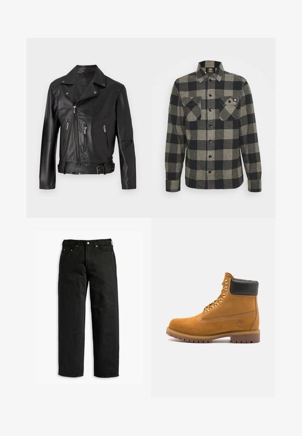Chaqueta de motociclista de cuero negro con cuello con muesca, cierre de cremallera asimétrico, múltiples bolsillos con cremallera y cintura con cinturón.; Camisa de franela a cuadros en negro y gris con mangas largas, cierre de botones en la parte delantera, dos bolsillos en el pecho y un dobladillo ligeramente curvado. Tejido texturizado.; Jeans de mezclilla negra con corte relajado, que cuentan con cinco bolsillos y remaches de cobre, cintura plana y perneras rectas, textura suave.; Botín de ante marrón claro con collar acolchado negro, ojales de metal dorado, detalles de costura blanca y suela de goma resistente con tacos pronunciados.