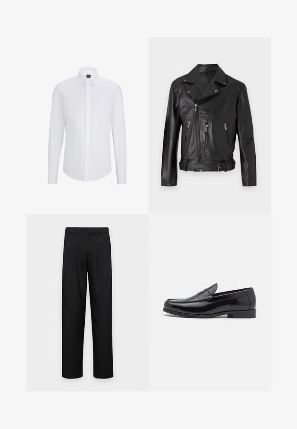 Jachetă de motocicletă din piele neagră, cu guler cu colțuri, închidere cu fermoar asimetric, multiple buzunare cu fermoar și talie cu curea.; Cămașă albă cu mâneci lungi, cu guler ascuțit, realizată dintr-un material neted, având o clapetă frontală și un tiv rotunjit.; Pantaloni negri dintr-un material neted, cu un design drept, două pliuri frontale și un tiv standard cu bucle pentru curea.; Mocasini din piele neagră, cu vârf rotunjit, cusături decorative și toc mic. Textură netedă cu un luciu subtil. Design clasic, fără ornamentații.
