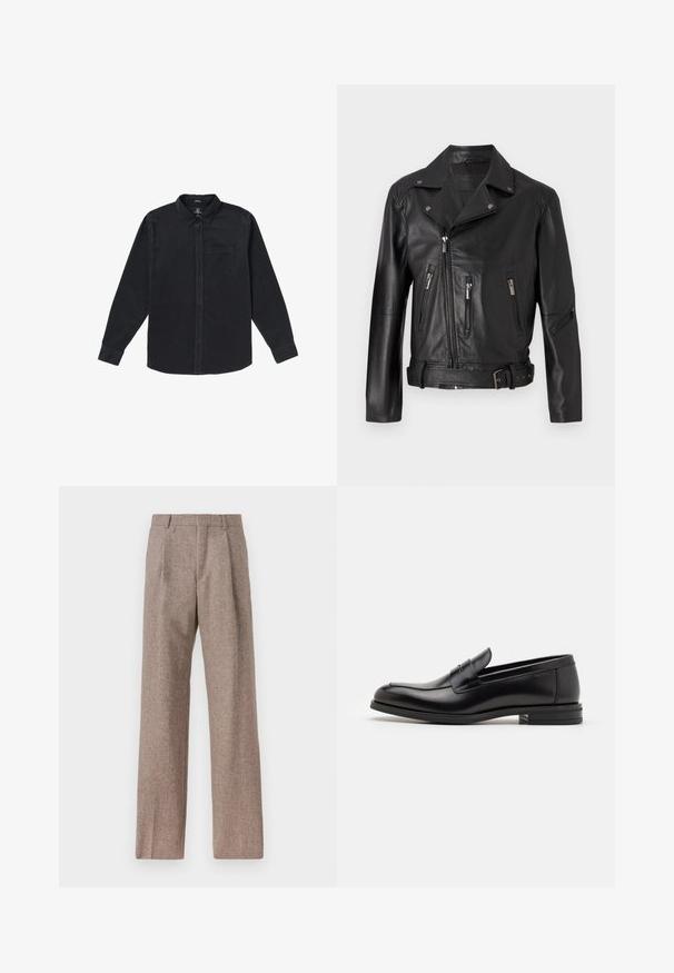 Čierna kožená motorkárska bunda s vykrojeným golierom, asymetrickým zipsom, viacerými zipsovými vreckami a opaskom v páse.; Čierna košeľa s dlhým rukávom vyrobená z mäkkého materiálu, s golierom na gombíky, prednou vreckom a gombíkovým zapínaním na prednej strane.; Hnedé, vysoké nohavice vyrobené z texturovanej látky. Majú široké nohavice a dva predné záhyby pre štruktúru. Úhľadné spracovanie bez viditeľného kovania.; Čierne kožené mokasíny s hladkou textúrou, zaoblenou špičkou a dekoračným pásikom cez priehlavok. Nízky vrstvený opätok, minimalistický dizajn.
