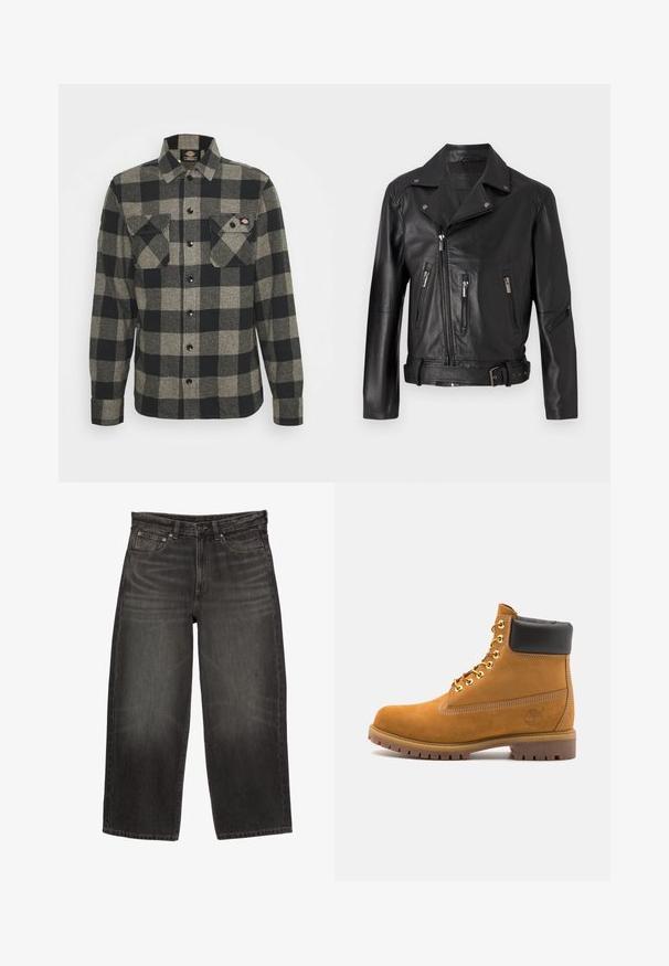 Jachetă de motocicletă din piele neagră, cu guler cu colțuri, închidere cu fermoar asimetric, multiple buzunare cu fermoar și talie cu curea.; Cămașă din flanel cu carouri negre și gri, cu mâneci lungi, închidere cu nasturi, două buzunare pe piept și o margine ușor curbată. Material texturat.; Jeans negri cu croi larg, din denim, cu buzunare frontale, bucle pentru curea și închidere cu buton, prezentând o ușoară decolorare și efect de whiskering.; Cizmă de gleznă din întoarsă de culoare bej, cu guler negru căptușit, ochiuri din metal auriu, detalii de cusătură albă și talpă din cauciuc robustă, cu un model pronunțat.