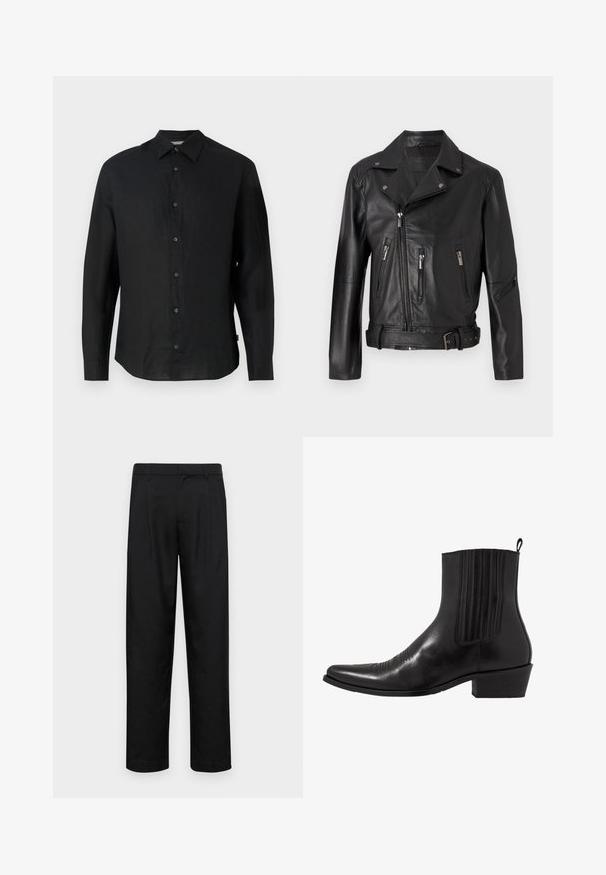 Čierna kožená motorkárska bunda s vykrojeným golierom, asymetrickým zipsom, viacerými zipsovými vreckami a opaskom v páse.; Čierna, dlhá košeľa s dlhým rukávom vyrobená z ľahkého ľanu. Obsahuje špicatý golier, zapínanie na gombíky a priame zakončenie. Mäkčená textúra.; Čierne nohavice vyrobené z hladkej tkaniny, s rovnými nohavicami, dvoma prednými skladmi a štandardným pásom s pútkami na opasok.; Čierne kožené členkové topánky s špičatou špičkou, elastickými bočnými panelmi, vertikálnymi švami a nízkym blokovým podpätkom.