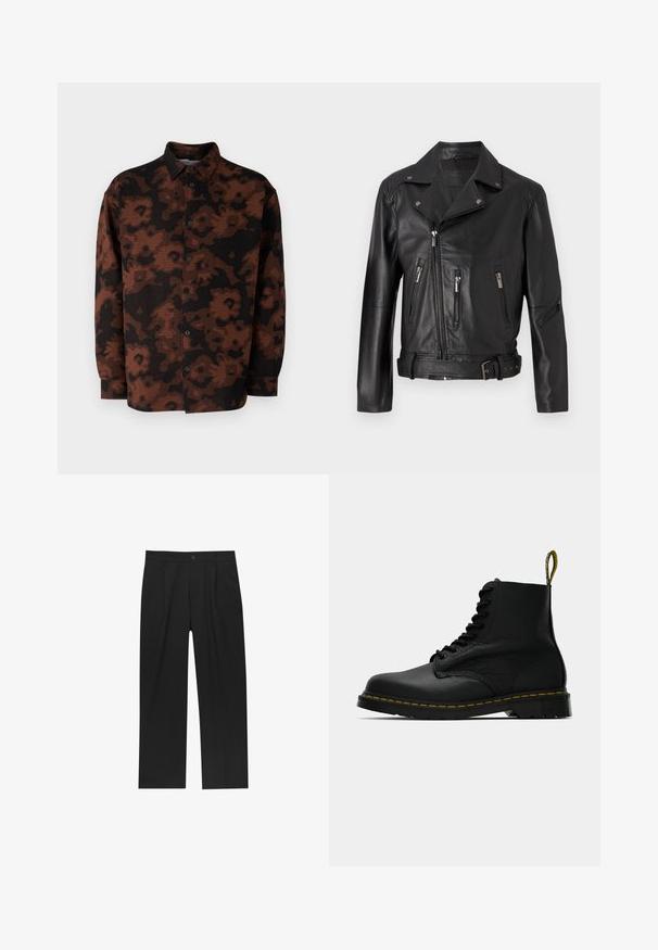 Schwarze Leder-Motorradjacke mit einer schmalen Kragen, asymmetrischem Reißverschluss, mehreren Reißverschlusstaschen und einem taillierten Bund.; Samsøe Samsøe SALUAN - Hemd - aster cappuccino; Weiße Baumwoll-Tanktops, ärmelloses Design, runder Ausschnitt, schlichte Textur, aus einem weichen, leichten Stoff. Zwei Stücke ausgestellt.; Schwarze Hose mit geradem Schnitt, aus einem glatten Stoff gefertigt. Verfügt über Vorderfalten und einen einzelnen Knopfverschluss an der Taille.; Schwarze Leder-Schnürstiefelette mit gelben Nähten an der Sohle und einem gebrandeten Zugschlaufe am Absatz, seitlich auf einem schlichten Hintergrund gezeigt.