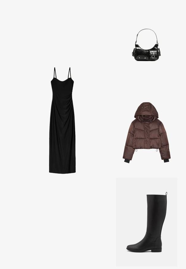 Giacca a puffo marrone corta con cappuccio, caratterizzata da una finitura lucida, cuciture orizzontali e polsini elastici neri.; Abito midi nero con sottili spalline regolabili, caratterizzato da un design drappeggiato e una texture liscia. Nessun motivo o decorazione visibile.; Stivale nero fino al ginocchio realizzato in pelle liscia, con punta arrotondata e tacco piccolo, dotato di una linguetta sul retro per una facile indossabilità.; Borsa a spalla in vernice nera con forma curvata, una tracolla, tasche frontali e dettagli in metallo argentato.