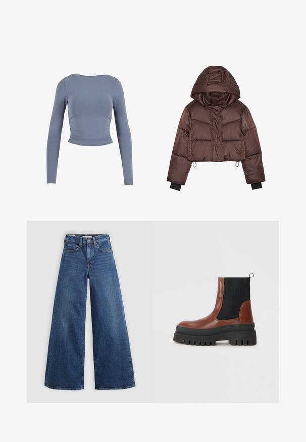 Cropped brown puffer jacket with a hood, featuring a shiny finish, horizontal stitching, and black elastic cuffs.; Long-sleeve, cropped top in soft, stretchable fabric; features a round neckline and gathered side details, in a muted blue color.; Wide-leg blue denim jeans with five pockets, a button closure, and contrast stitching, featuring a soft and textured finish.; Brown leather ankle boot with black elastic panels, chunky black rubber sole, and a pull tab at the back for easy wear.