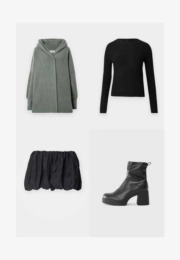 Bavlněná bunda ve světle zelené barvě s kapucí, oversized střih, dlouhé rukávy. Disponuje jemnou texturou a minimalistickým střihem.; Černý žebrovaný dlouhý rukáv těsně padnoucí svetr s kulatým výstřihem, vystavený na jednoduchém světlém pozadí.; Černý zmačkaný top z látky s elastickým pasem, s texturovaným povrchem a řaseným designem pro objemný tvar.; Černé kotníkové boty vyrobené z hladké kůže, s bočním zipem, robustním strukturovaným podpatkem a kulatou špičkou.