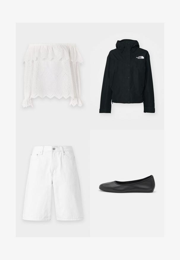 Black waterproof jacket with a hood, featuring snap buttons, elastic cuffs, and a white logo on the upper left side. Smooth texture.; White off-the-shoulder blouse featuring a scalloped hem, eyelet pattern, and elasticated puff sleeves with tied accents. Lightweight cotton fabric.; White denim shorts featuring a straight cut, front pockets, a button closure, and a clean, smooth texture.; Black leather ballet flat with a rounded toe, smooth texture, minimal stitching detail, and a flexible sole design.