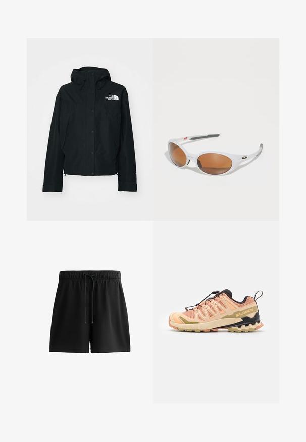 Black waterproof jacket with a hood, featuring snap buttons, elastic cuffs, and a white logo on the upper left side. Smooth texture.; White cotton t-shirt with short sleeves, rounded neckline, relaxed fit, worn with green shorts. Smooth texture, no visible patterns or accents.; Black shorts made of soft material, featuring an elastic waistband with a drawstring, side pockets, and a simple, streamlined design.; Salomon trail running shoe in pink and beige with a textured mesh upper, flexible sole, a distinctive heel design, and reflective accents.; White sunglasses with brown lenses, oval shape, made of smooth plastic, featuring gray accents on the arms and a logo on the frame.