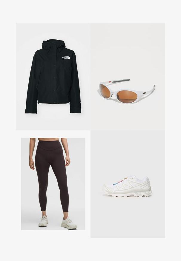 Schwarze wasserdichte Jacke mit Kapuze, ausgestattet mit Druckknöpfen, elastischen Bündchen und einem weißen Logo auf der oberen linken Seite. Glatte Textur.; Weißes Baumwoll-T-Shirt mit kurzen Ärmeln, rundem Halsausschnitt, lässiger Passform, getragen mit grünen Shorts. Glatte Textur, keine sichtbaren Muster oder Akzente.; Person in dunkelbraunen High-Waist-Leggings und weißen Sportschuhen, der vor einem schlichten hellen Hintergrund steht.; Weiße Sportlich-Schuh mit strukturiertem Mesh-Obermaterial, reflektierenden Akzenten und einer gepolsterten Sohle. Auffälliges Markenlogo an der Seite.; Weiße Sonnenbrille mit braunen Gläsern, ovale Form, aus glattem Kunststoff, mit grauen Akzenten an den Bügeln und einem Logo auf dem Rahmen.