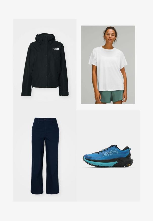 Zwarte waterdichte jas met capuchon, voorzien van drukknoopsluiting, elastische manchetten en een wit logo op de bovenste linkerzijde. Glad textuur.; Witte katoenen t-shirt met korte mouwen, ronde hals, relaxte pasvorm, gedragen met groene shorts. Glad textuur, geen zichtbare patronen of accenten.; Navyblauwe wijde broek van katoen met een knoopsluiting, voorzakken en subtiele stikseldetails. Op maat gemaakte snit voor comfort.; Blauwe hardloopschoenen met zwarte accenten, met een textuur bovenwerk, een gewatteerde kraag en een dikke zwarte en turquoise tussenzool met Vibram-buitenzool.