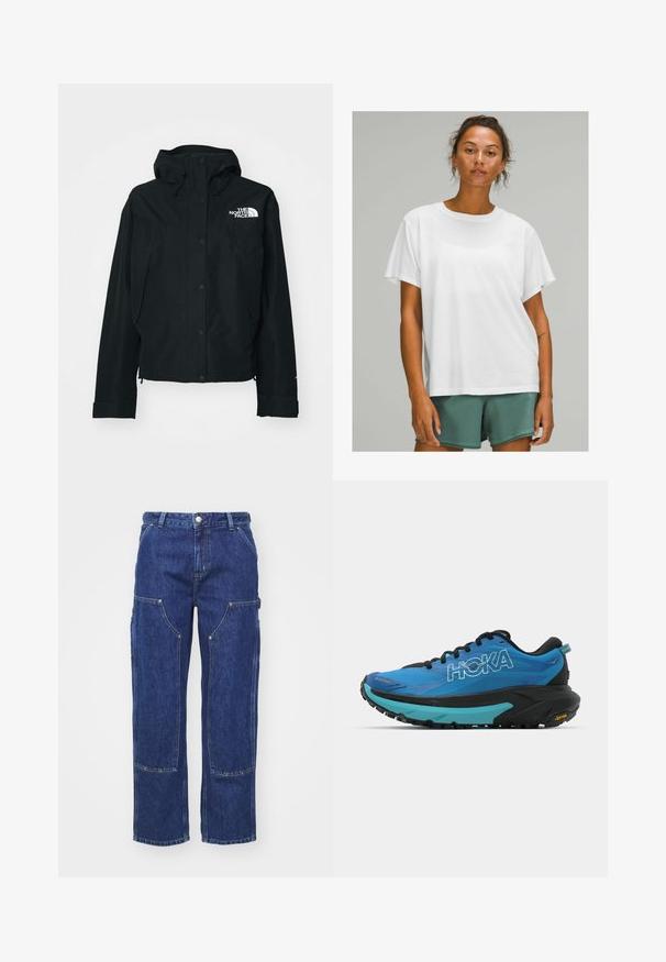 Crna vodootporna jakna s kapuljačom, koja ima dugmad za kopčanje, elastične rukave i bijeli logotip na gornjoj lijevoj strani. Glatka tekstura.; Bijela pamučna majica kratkih rukava, zaobljenog izreza, opuštenog kroja, nosi se s zelenim kratkim hlačama. Glatka tekstura, bez vidljivih uzoraka ili akcenata.; Carhartt WIP NASHUA DOUBLE KNEE PANT - Traperice opuštenog kroja - blue; Plave trkačke tenisice s crnim akcentima, s teksturiranim gornjim dijelom, podstavljenim ovratnikom i debelim crno-tirkiznim međupodplatom s Vibram potplatom.