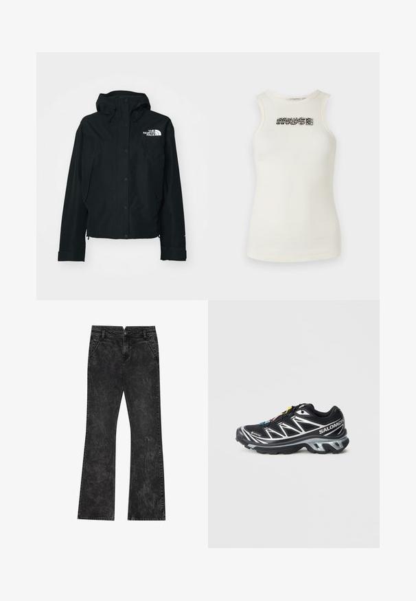 Must värvitu veekindel jakk kapuutsiga, millel on nööbid, elastsed varrukad ja valge logo vasakul ülal. Sile tekstuur.; Kreemjas värvitoonis triiksärk, mis on valmistatud ribakonstruktsiooniga materjalist, esiküljel on mustade ja hõbedaste kalliskividega kiri "MUSE".; Mustad flare-jeans, mis on kahjustatud tekstuuriga, nuppude kinnitusega, vöölõngadega ja nelja taskuga.; Mustad mustus jooksujalanõud hõbedaste aktsentidega, GORE-TEX materjal, tekstureeritud tald ja värvilised paelad. Omab pehmet kontsa toetuseks.