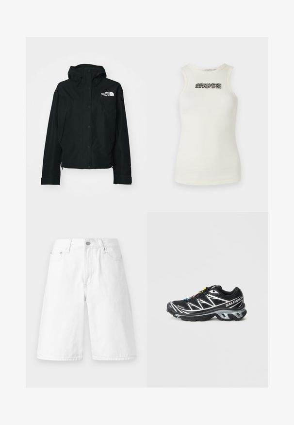 Black waterproof jacket with a hood, featuring snap buttons, elastic cuffs, and a white logo on the upper left side. Smooth texture.; Cream-colored tank top made of ribbed material, featuring black and silver jeweled lettering that spells "MUSE" on the front.; White denim shorts featuring a straight cut, front pockets, a button closure, and a clean, smooth texture.; Black running shoe with silver accents, GORE-TEX material, textured sole, and colorful laces. Features a cushioned heel for support.