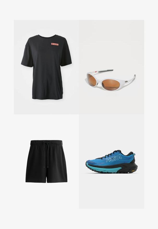 Giacca nera impermeabile con cappuccio, dotata di bottoni a pressione, polsini elasticizzati e un logo bianco sul lato sinistro superiore. Texture liscia.; Maglietta nera in cotone con maniche corte, vestibilità comoda e un logo rettangolare rosso sul lato sinistro del petto. Tessuto liscio e design semplice.; Pantaloni shorts neri realizzati in materiale morbido, dotati di una cintura elastica con cordoncino, tasche laterali e un design semplice ed elegante.; Scarpe da corsa blu con accenti neri, dotate di una tomaia testurizzata, collo imbottito e una suola intermedia spessa nera e turchese con suola Vibram.; Occhiali da sole bianchi con lenti marroni, forma ovale, realizzati in plastica liscia, con dettagli grigi sulle aste e un logo sulla montatura.