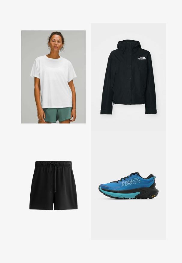 Črna vodoodporna jakna s kapuco, s poškodbami na gumbih, elastičnimi manšetami in belim logotipom na zgornji levi strani. Gladka tekstura.; Bela bombažna majica s kratkimi rokavi, okroglo izrezana, sproščenega kroja, v kombinaciji z zelenimi kratkimi hlačami. Gladka tekstura, brez vidnih vzorcev ali detajlov.; Črne kratke hlače iz mehke tkanine, s elastičnim pasom in vrvico, stranskimi žepi in preprostim, poenostavljenim designom.; Modre tekaške čevlje z črnimi detajli, ki imajo teksturirano zgornji del, oblazinjen ovratnik in debel črn ter turkizen srednji podplat z Vibram podplatom.