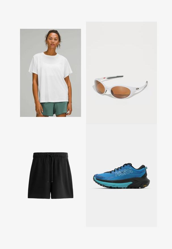 Černá voděodolná bunda s kapucí, vybavená patentkami, elastickými manžetami a bílým logem na horní levé straně. Hladký povrch.; Bílý bavlněný tričko s krátkým rukávem, kulatým výstřihem a volným střihem, nošené s zelenými šortkami. Hladká textura, bez viditelných vzorů nebo akcentů.; Černé kraťasy vyrobené z měkkého materiálu, s elastickým pasem a šňůrkou, bočními kapsami a jednoduchým, uhlazeným designem.; Modré běžecké boty s černými akcenty, s texturovaným svrškem, polstrovaným límcem a silnou černou a tyrkysovou mezipodešví s podešví Vibram.; Bílé sluneční brýle s hnědými čočkami, oválného tvaru, vyrobené z hladkého plastu, s šedými akcenty na ramenech a logem na obrubě.